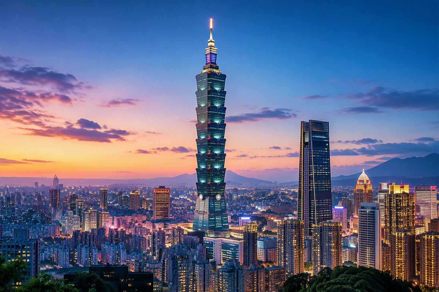 Taipei 101 glowing above the city